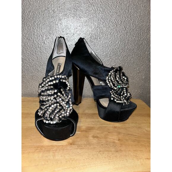 H by Halston Black Satin Rhinestone Platform Heels 7M Silver Tone 5.5” Open Toe - Picture 2 of 16